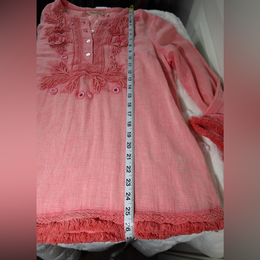 Soft Surroundings Coral Pink Embroidered Boho Tunic Top Mirror Fringe Small - Picture 16 of 16